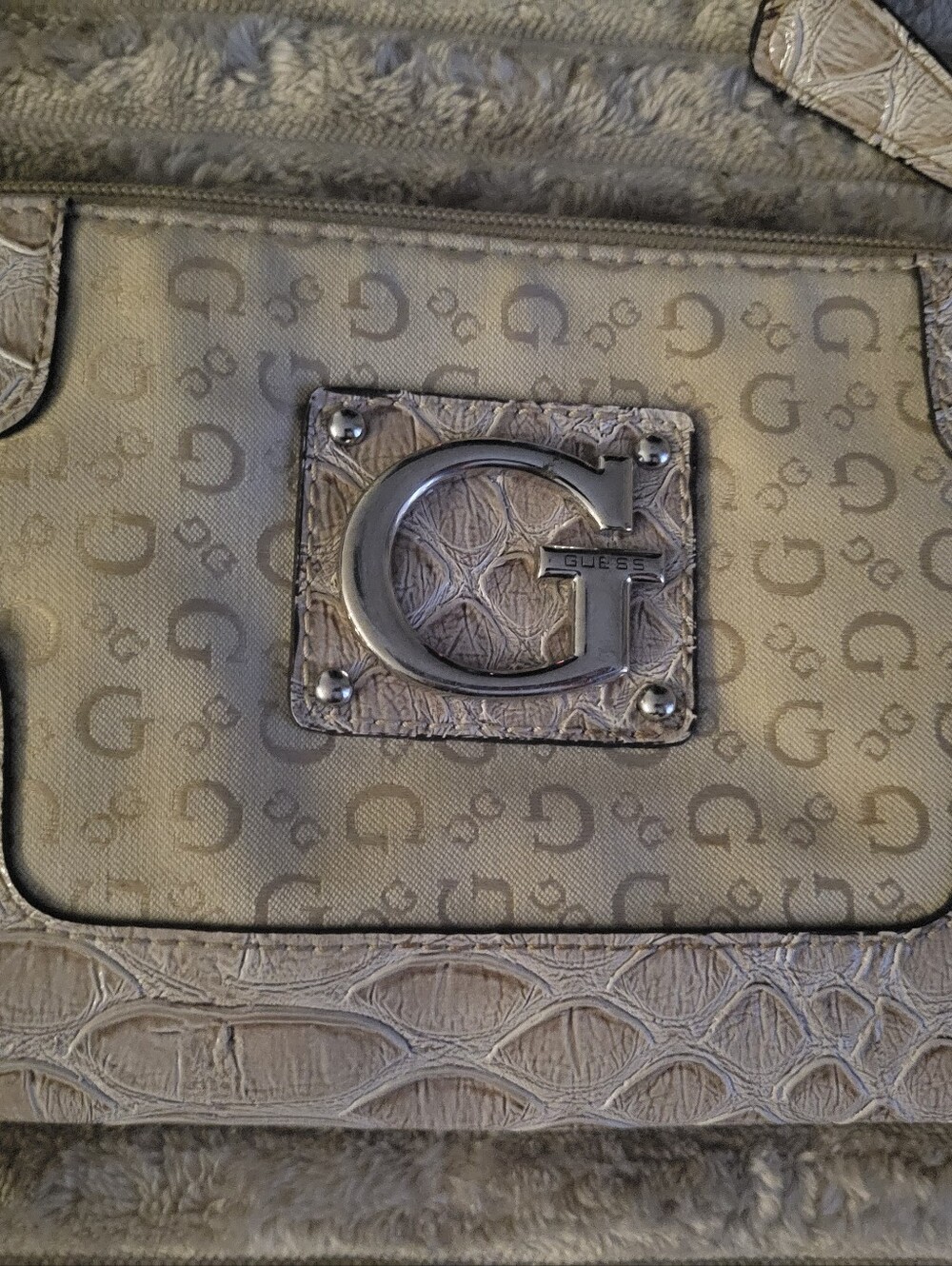 GUESS Beige Bag with Croc-Texture Trim